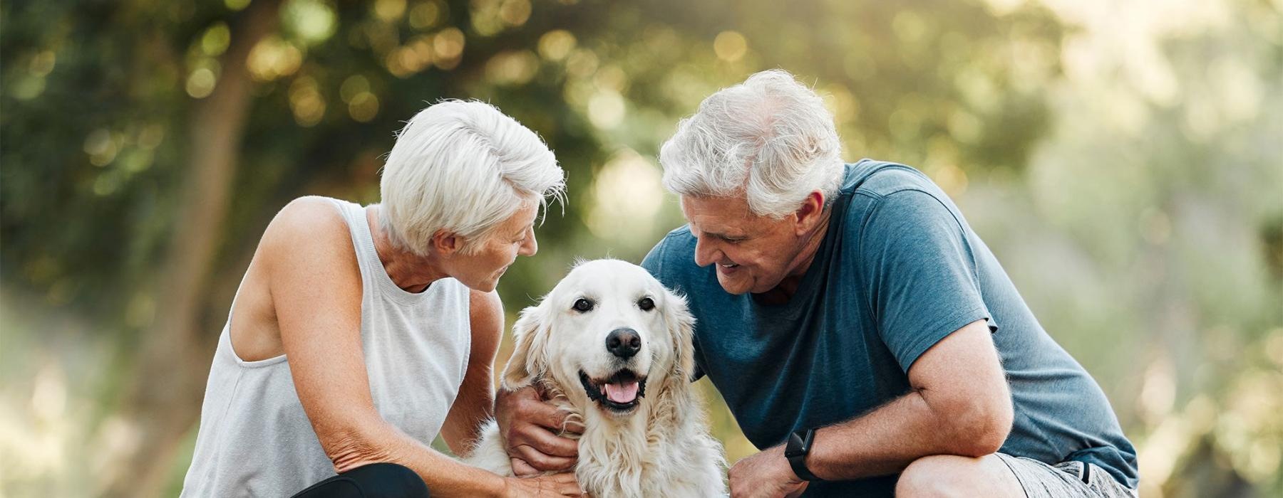 a man and woman petting a dog